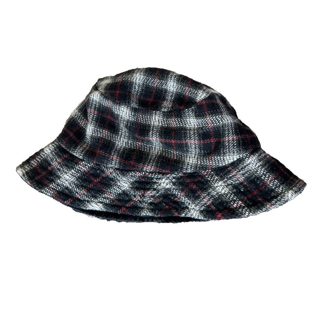Women’s Reversible Plaid Bucket Hat Flannel Corduroy Black Red White OS Grunge